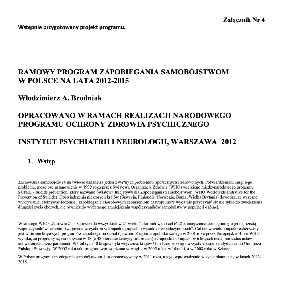 Ramowy program zapobiegania samobójstwom w Polsce na lata 2012-2015
