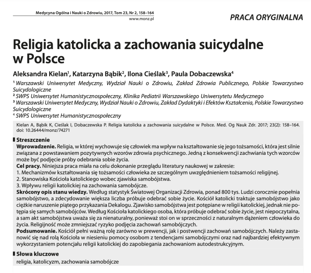 Religia katolicka a zachowania suicydalne w Polsce