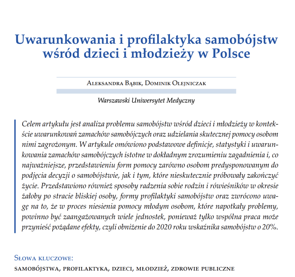 Uwarunkowania i profilaktyka samobójstw wśród dzieci i młodzieży w Polsce
